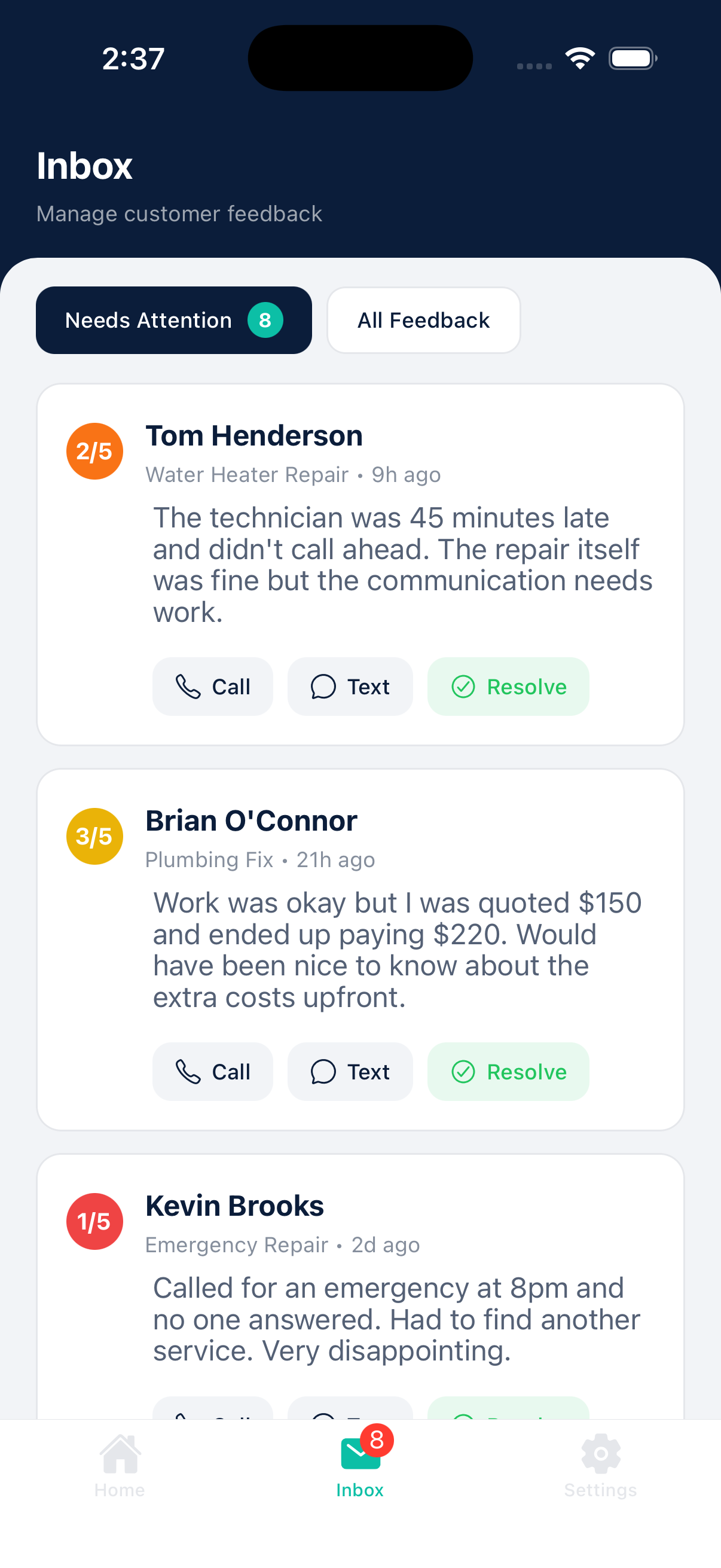 Nudgli inbox showing customer feedback that needs attention with call, text, and resolve actions