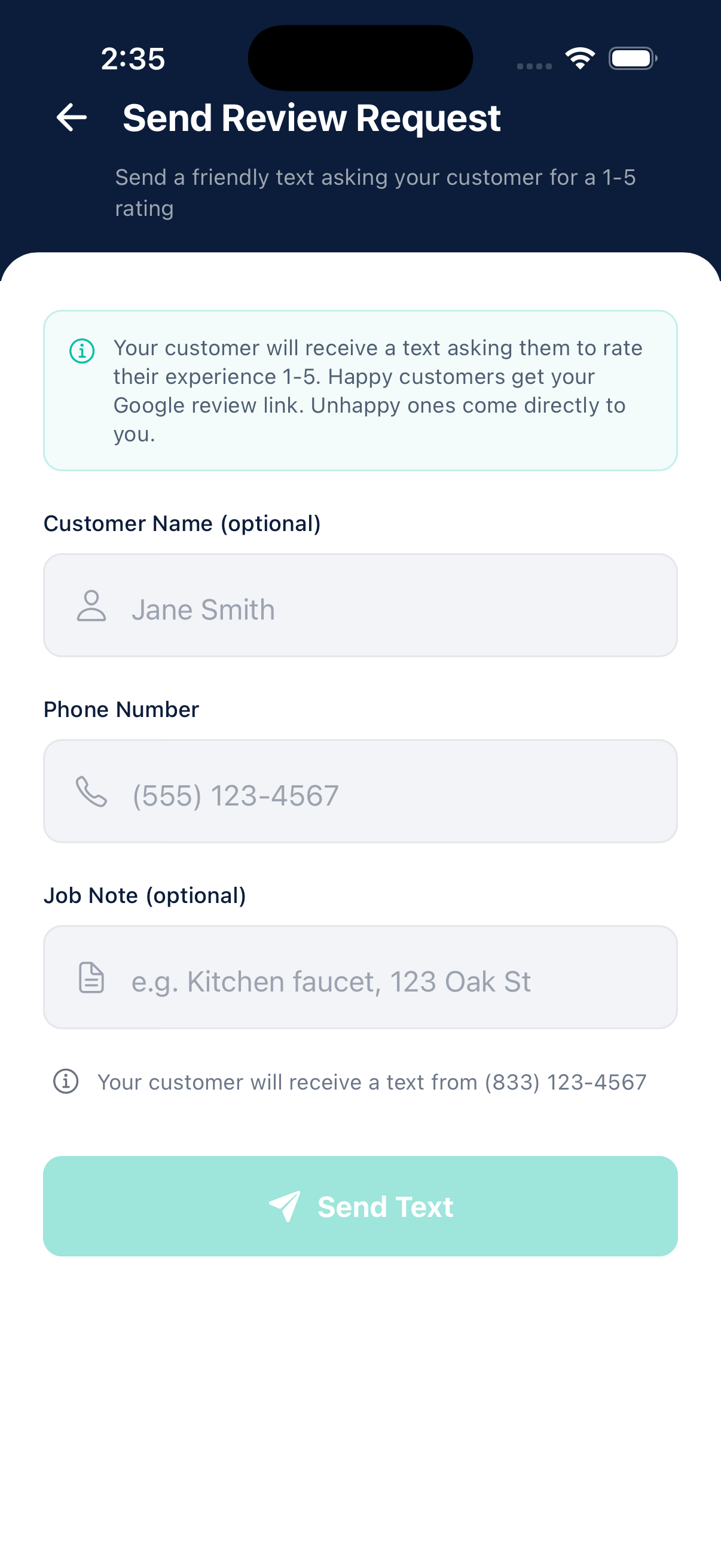 Nudgli send review request screen with customer name, phone number, job note, and live message preview